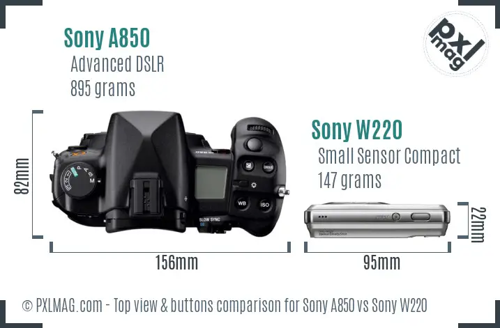 Sony A850 vs Sony W220 top view buttons comparison