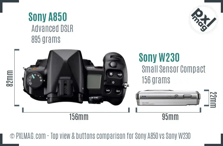 Sony A850 vs Sony W230 top view buttons comparison