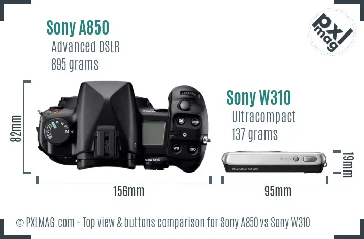 Sony A850 vs Sony W310 top view buttons comparison
