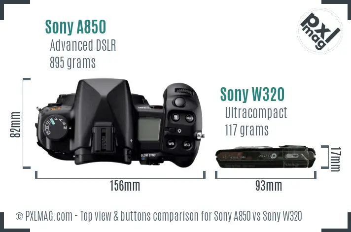 Sony A850 vs Sony W320 top view buttons comparison