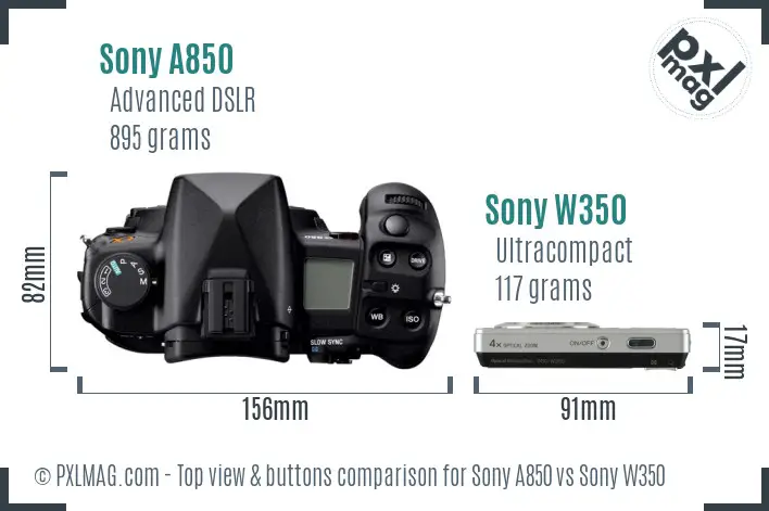 Sony A850 vs Sony W350 top view buttons comparison