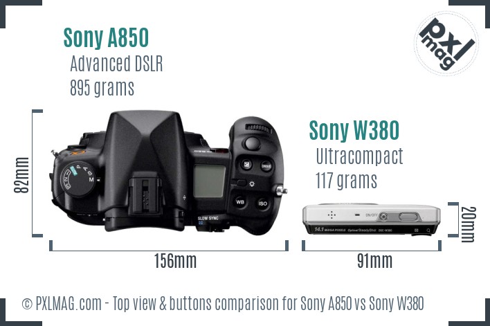 Sony A850 vs Sony W380 top view buttons comparison