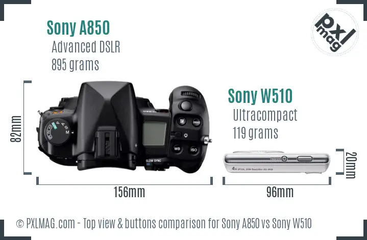Sony A850 vs Sony W510 top view buttons comparison