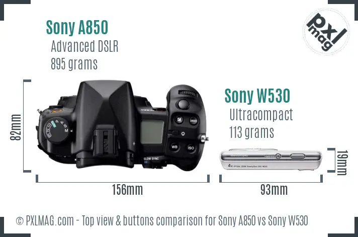 Sony A850 vs Sony W530 top view buttons comparison