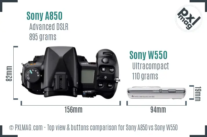 Sony A850 vs Sony W550 top view buttons comparison