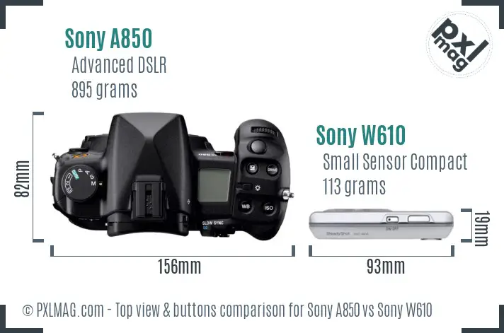 Sony A850 vs Sony W610 top view buttons comparison