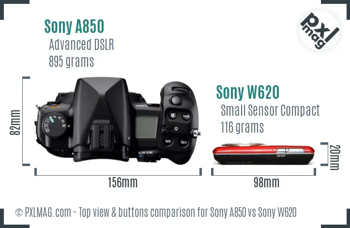 Sony A850 vs Sony W620 top view buttons comparison