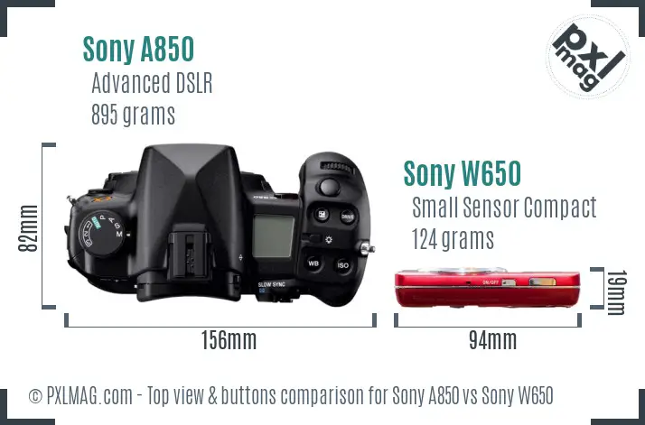 Sony A850 vs Sony W650 top view buttons comparison