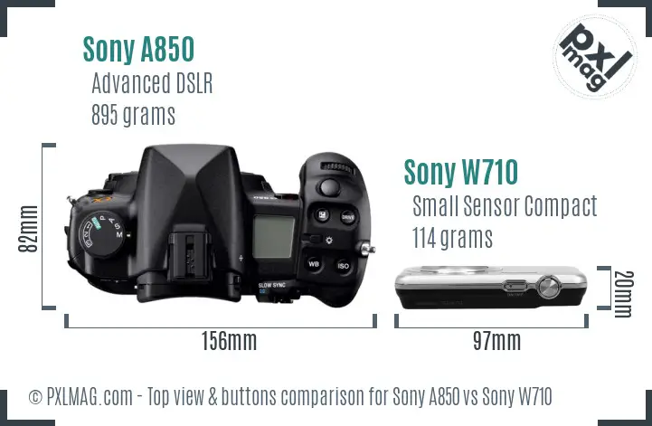 Sony A850 vs Sony W710 top view buttons comparison