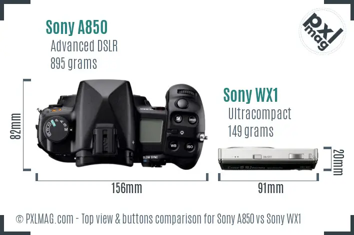 Sony A850 vs Sony WX1 top view buttons comparison