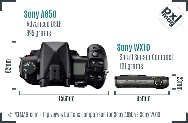 Sony A850 vs Sony WX10 top view buttons comparison