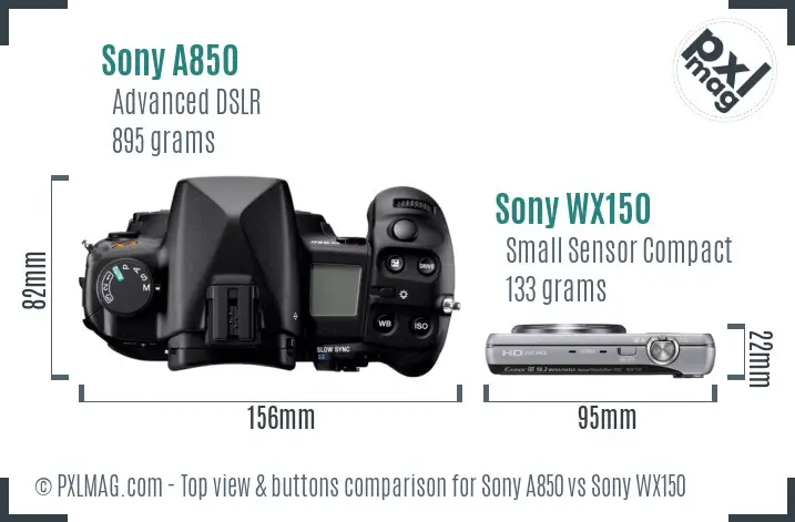 Sony A850 vs Sony WX150 top view buttons comparison