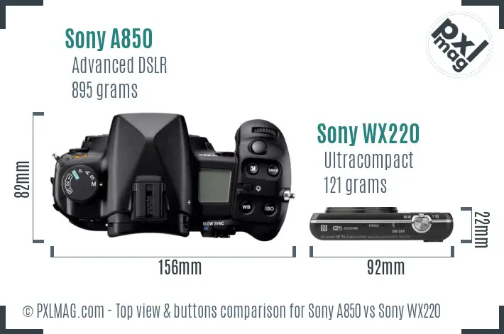 Sony A850 vs Sony WX220 top view buttons comparison