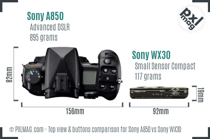 Sony A850 vs Sony WX30 top view buttons comparison