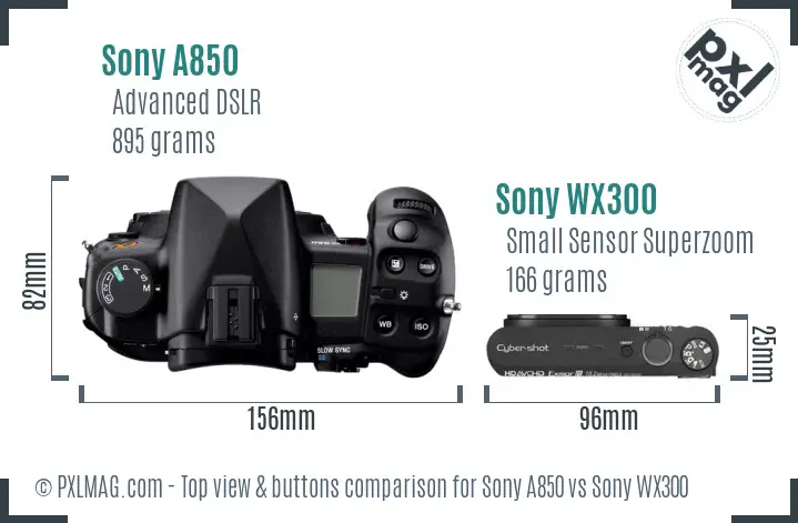 Sony A850 vs Sony WX300 top view buttons comparison