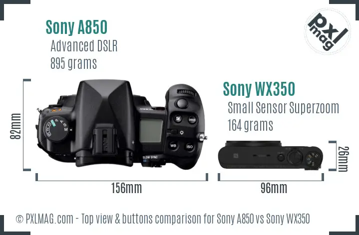Sony A850 vs Sony WX350 top view buttons comparison