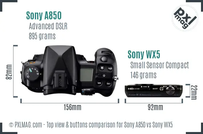 Sony A850 vs Sony WX5 top view buttons comparison