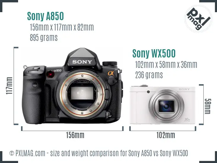 Sony A850 vs Sony WX500 size comparison