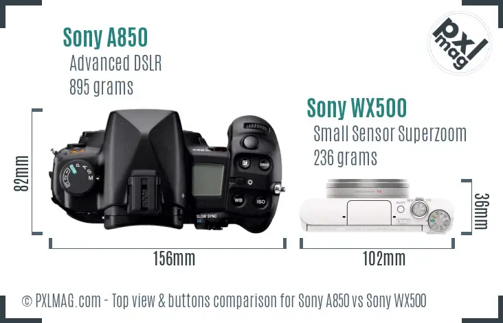 Sony A850 vs Sony WX500 top view buttons comparison