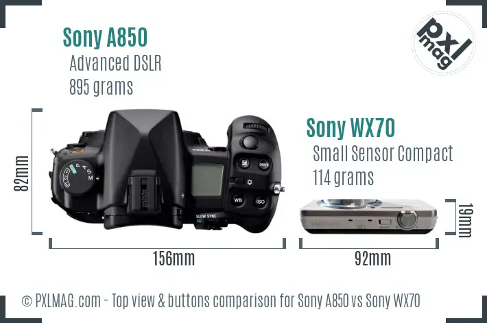 Sony A850 vs Sony WX70 top view buttons comparison