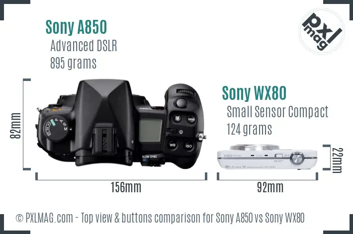 Sony A850 vs Sony WX80 top view buttons comparison