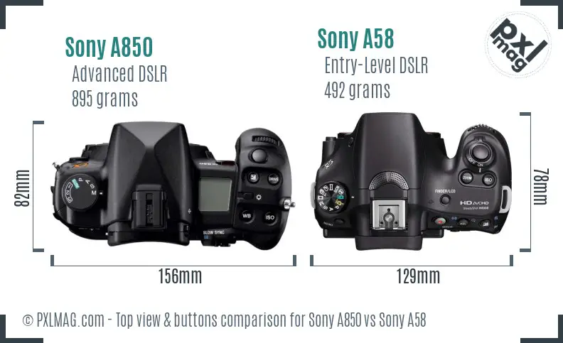 Sony A850 vs Sony A58 top view buttons comparison