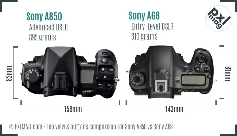 Sony A850 vs Sony A68 top view buttons comparison