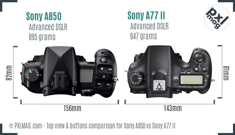 Sony A850 vs Sony A77 II top view buttons comparison