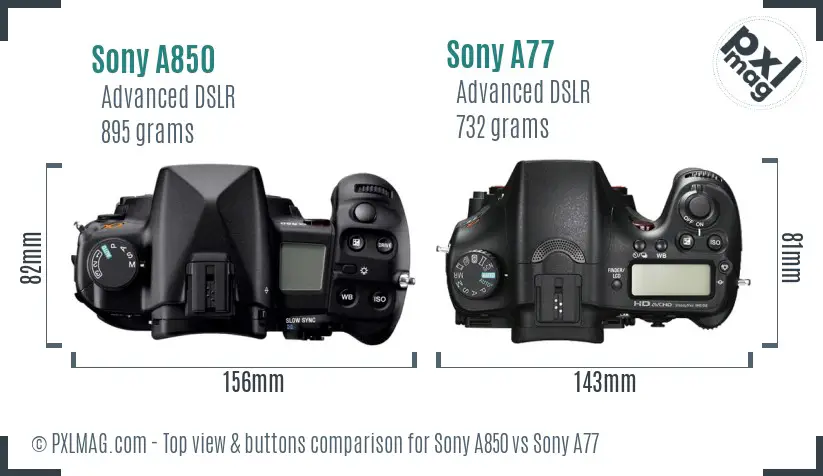 Sony A850 vs Sony A77 top view buttons comparison