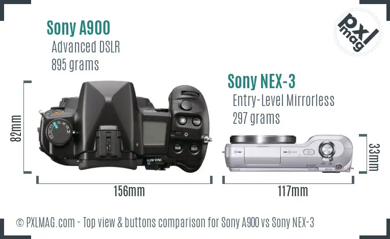 Sony A900 vs Sony NEX-3 top view buttons comparison