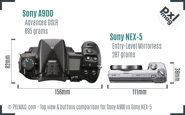 Sony A900 vs Sony NEX-5 top view buttons comparison