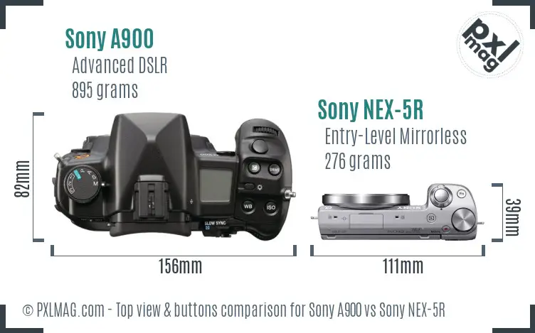Sony A900 vs Sony NEX-5R top view buttons comparison