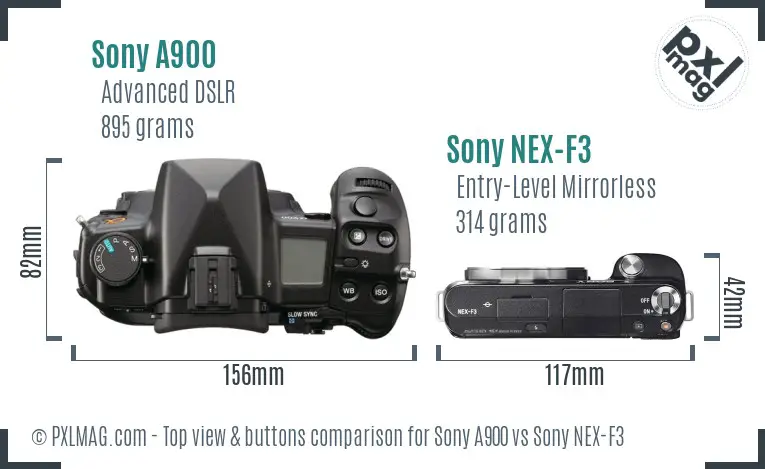 Sony A900 vs Sony NEX-F3 top view buttons comparison