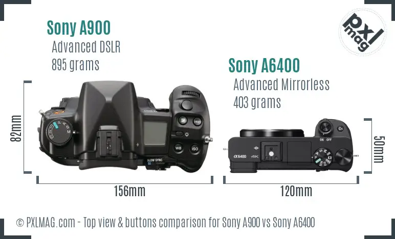 Sony A900 vs Sony A6400 top view buttons comparison