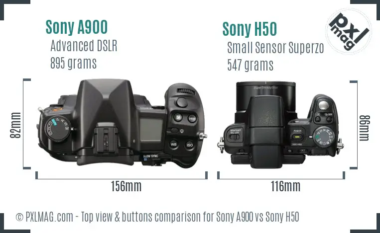 Sony A900 vs Sony H50 top view buttons comparison