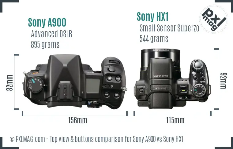 Sony A900 vs Sony HX1 top view buttons comparison