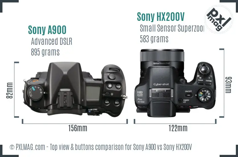 Sony A900 vs Sony HX200V top view buttons comparison