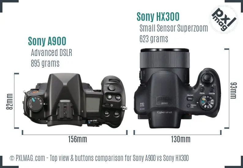 Sony A900 vs Sony HX300 top view buttons comparison