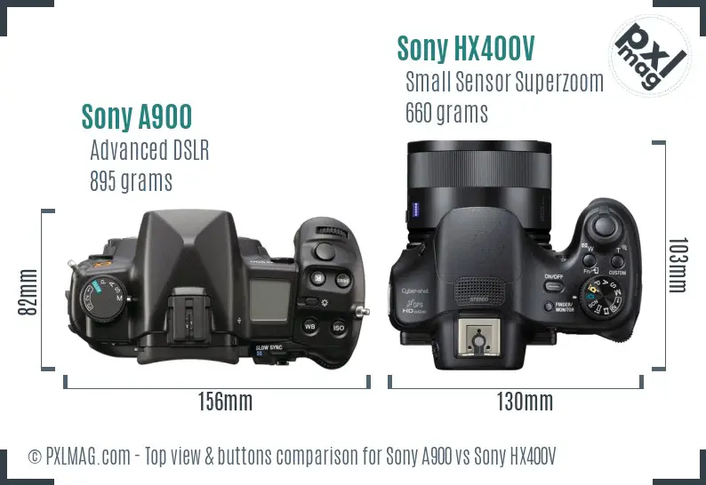 Sony A900 vs Sony HX400V top view buttons comparison