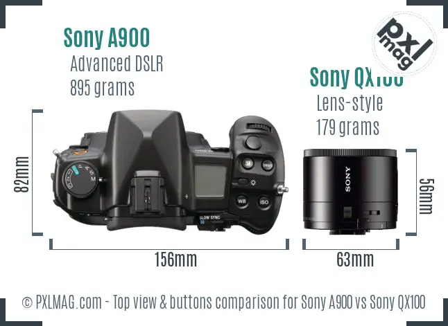 Sony A900 vs Sony QX100 top view buttons comparison