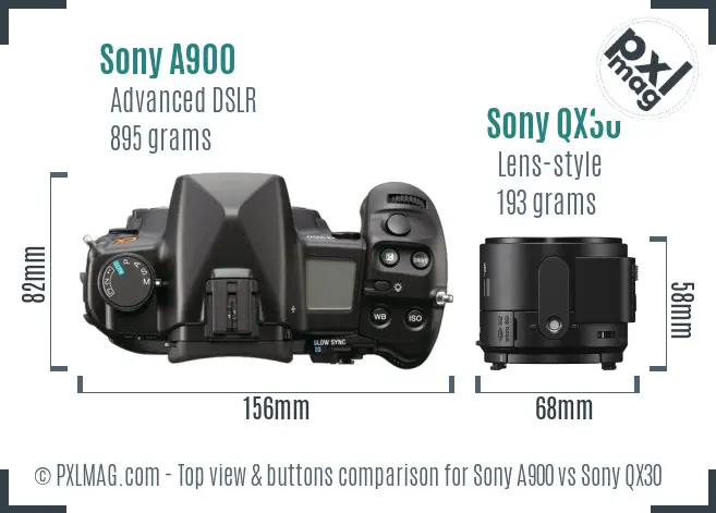Sony A900 vs Sony QX30 top view buttons comparison