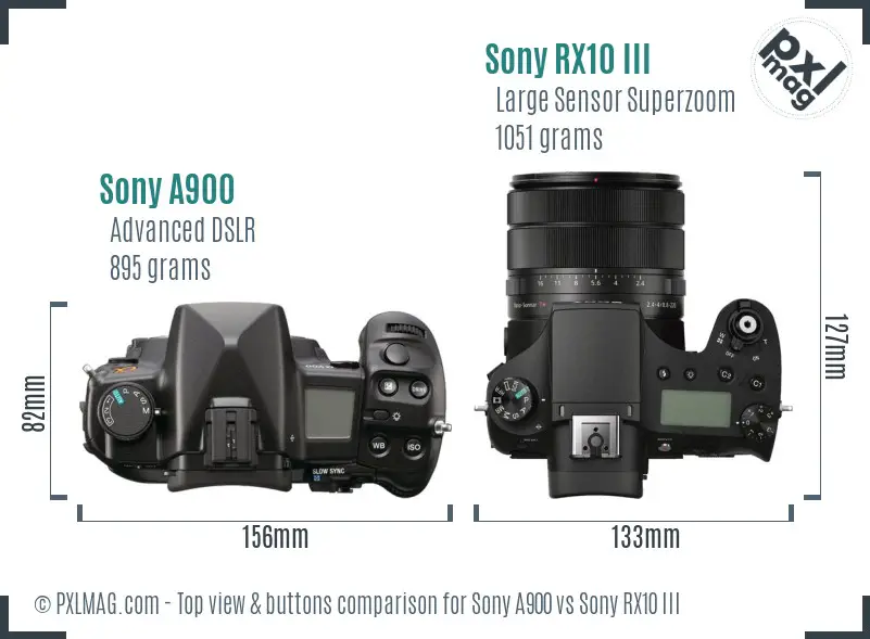 Sony A900 vs Sony RX10 III top view buttons comparison