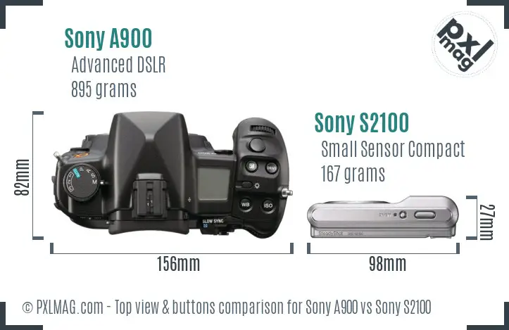 Sony A900 vs Sony S2100 top view buttons comparison