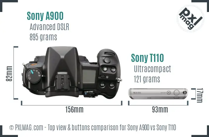 Sony A900 vs Sony T110 top view buttons comparison