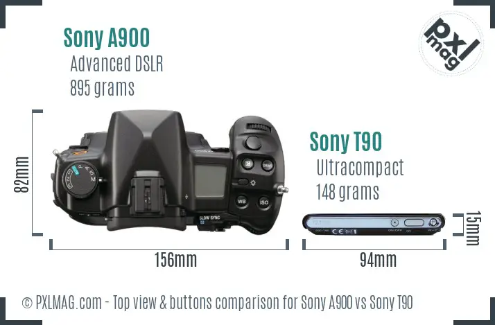 Sony A900 vs Sony T90 top view buttons comparison