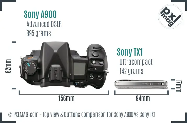Sony A900 vs Sony TX1 top view buttons comparison