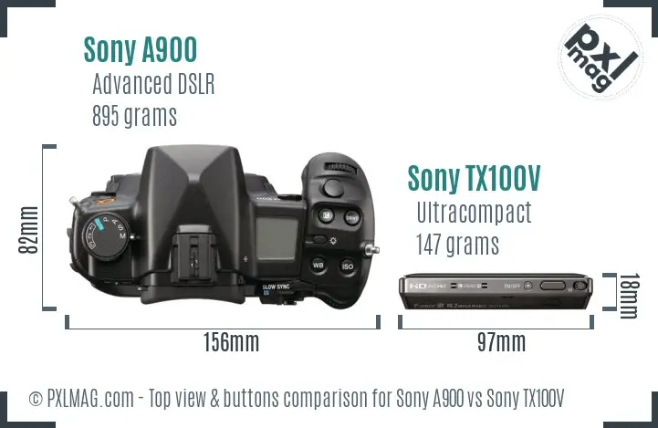 Sony A900 vs Sony TX100V top view buttons comparison