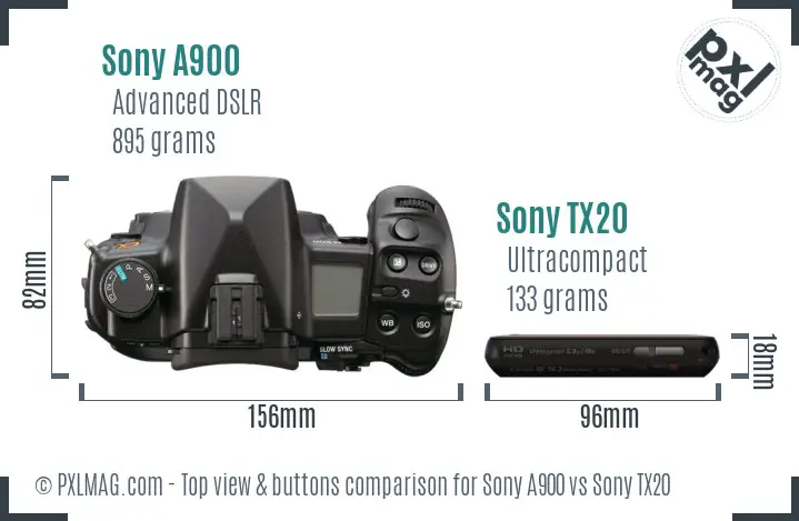 Sony A900 vs Sony TX20 top view buttons comparison