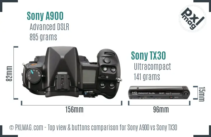 Sony A900 vs Sony TX30 top view buttons comparison