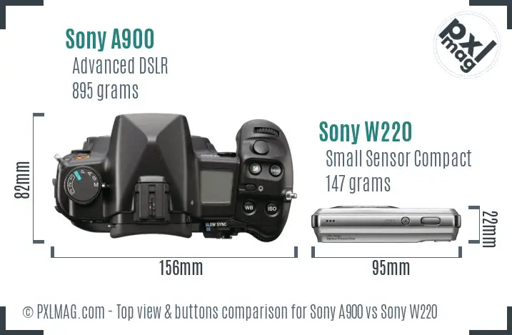 Sony A900 vs Sony W220 top view buttons comparison